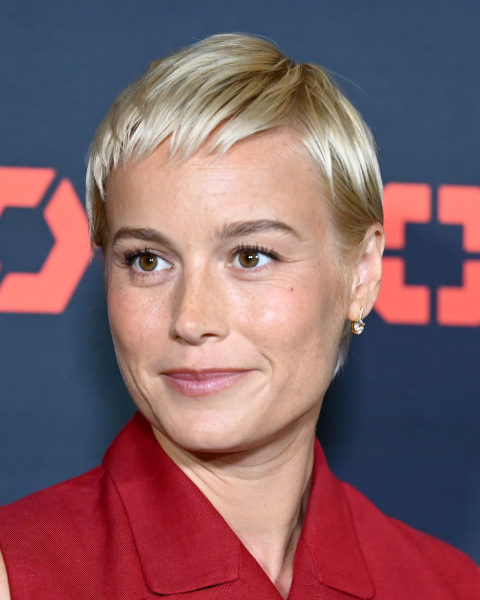 Closeup shot of Brie Larson with a refined pixie cut