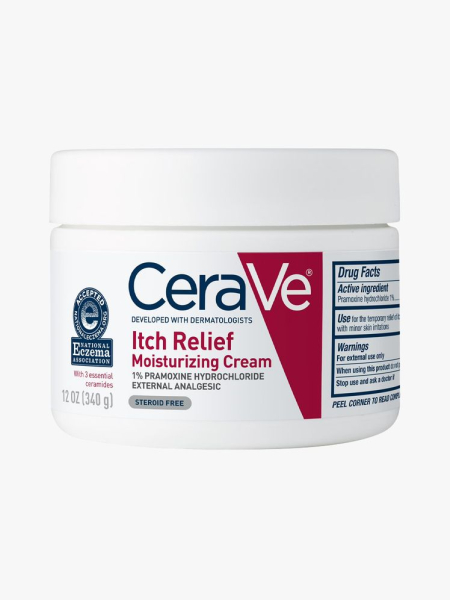 CeraVe Itch Relief Moisturizing Cream in branded tub component on a light gray background