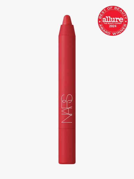 Nars Powermatte High-Intensity Lip Pencil component in red with white accents on a light gray background with red Allure Best of Beauty seal in the top right corner